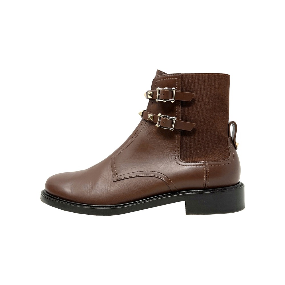 Valentino Rockstud Brown Leather Chelsea Ankle Boots Buckle Stud 38.5